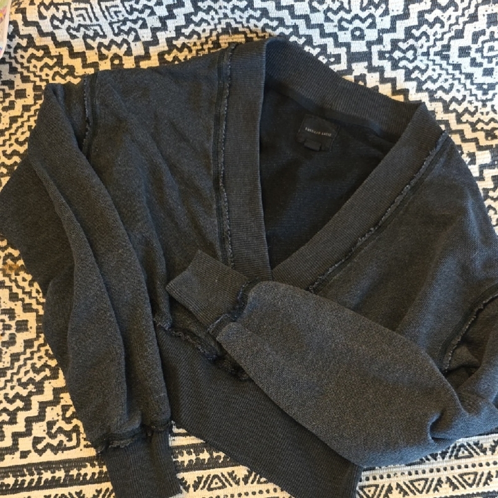 American Eagle Outfitters Charcoal Drop Shoulder Cropped Deep V Sweatshirt.